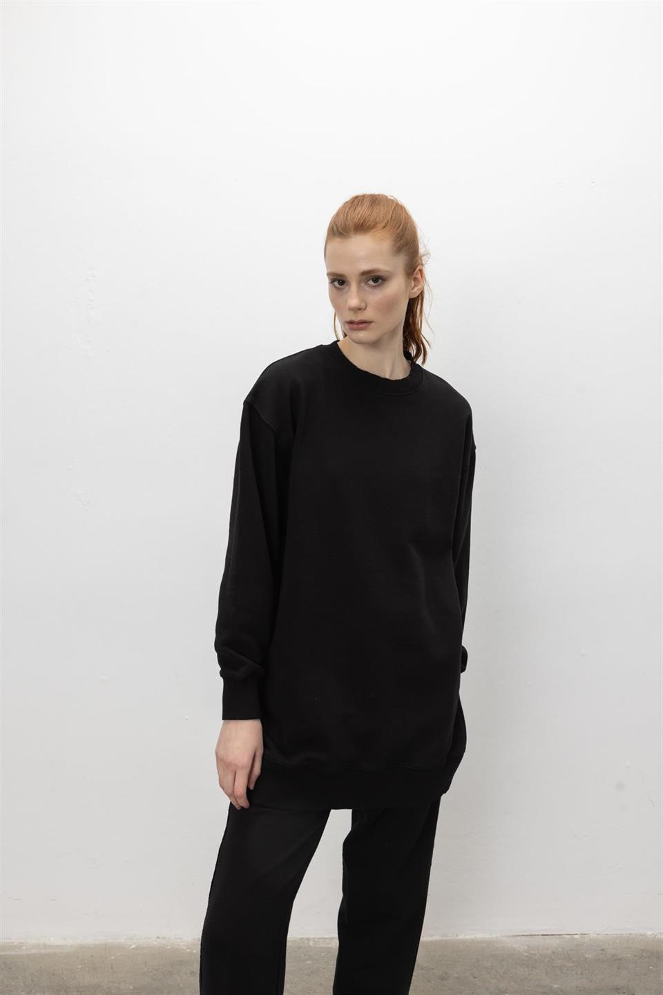 Oversize Basic 3 İplik Diagonel Kumaş Şardonsuz Uzun Sweatshirt