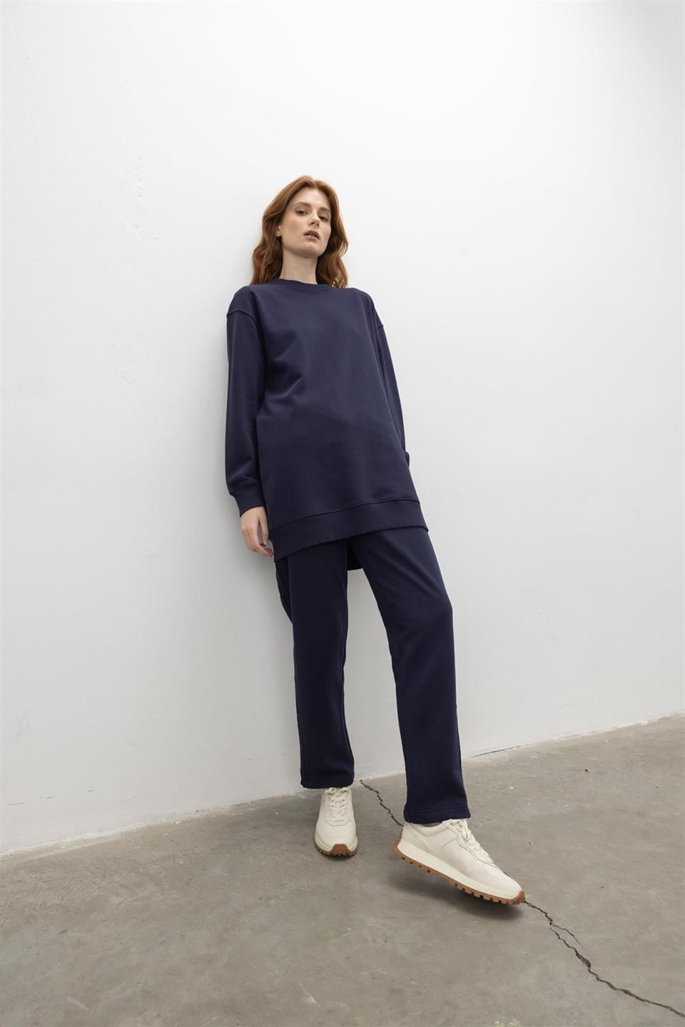 Oversize Basic 3 İplik Diagonel Kumaş Şardonsuz Uzun Sweatshirt