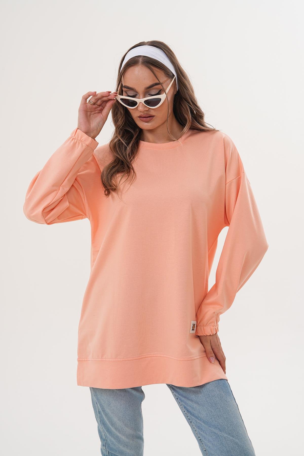 710 - Pudra Düz Basic Bisiklet Yaka Uzun Kol Kadın Sweatshirt Tunik 710 -westbound