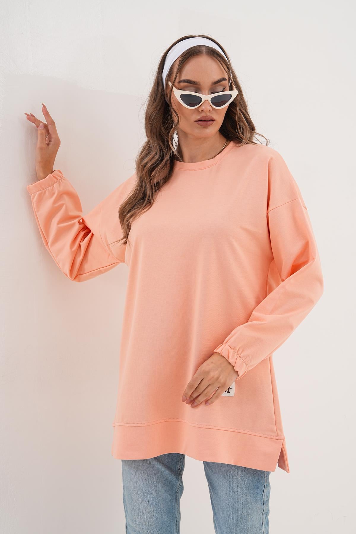 710 - Pudra Düz Basic Bisiklet Yaka Uzun Kol Kadın Sweatshirt Tunik 710 -westbound