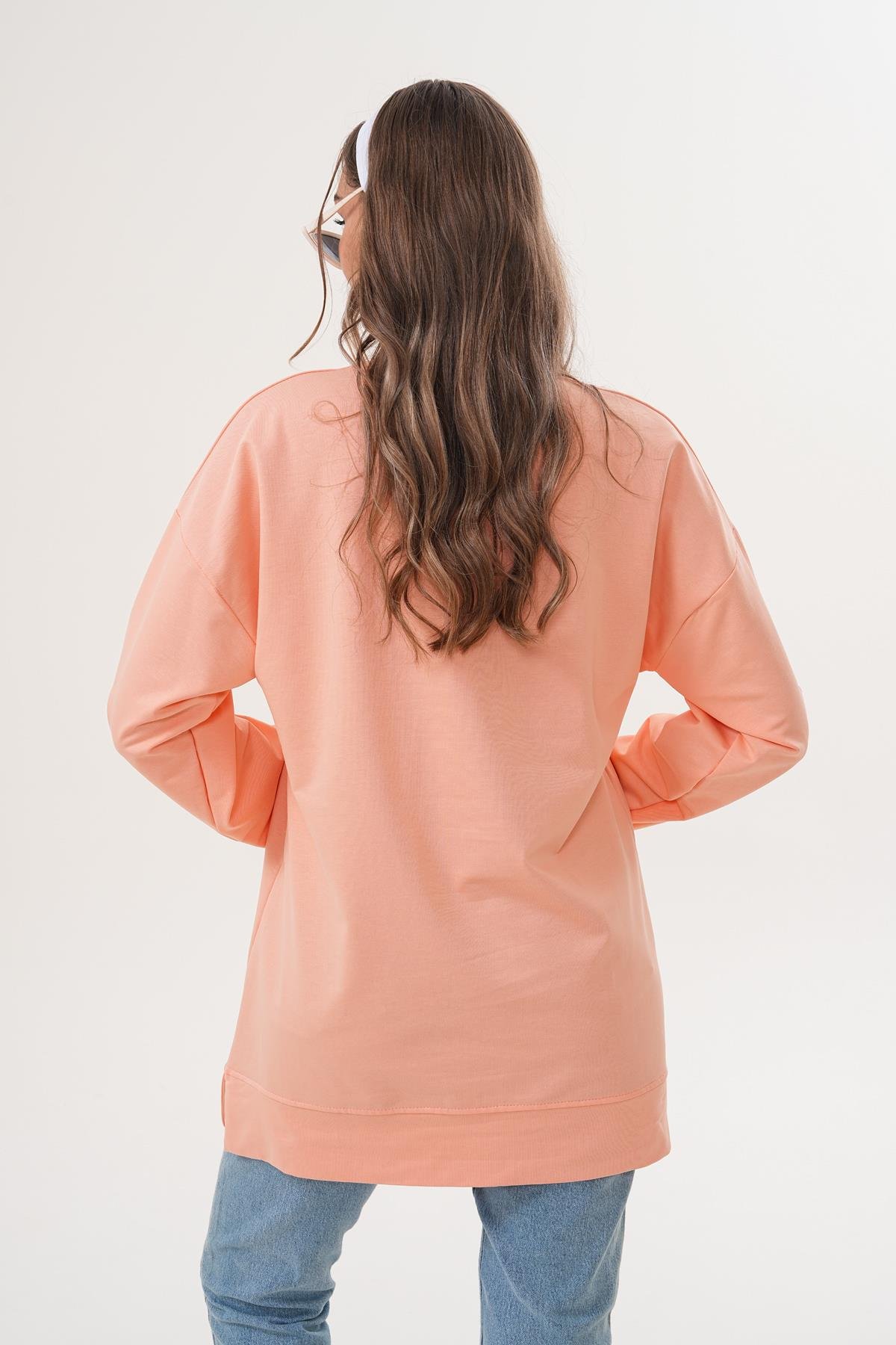710 - Pudra Düz Basic Bisiklet Yaka Uzun Kol Kadın Sweatshirt Tunik 710 -westbound