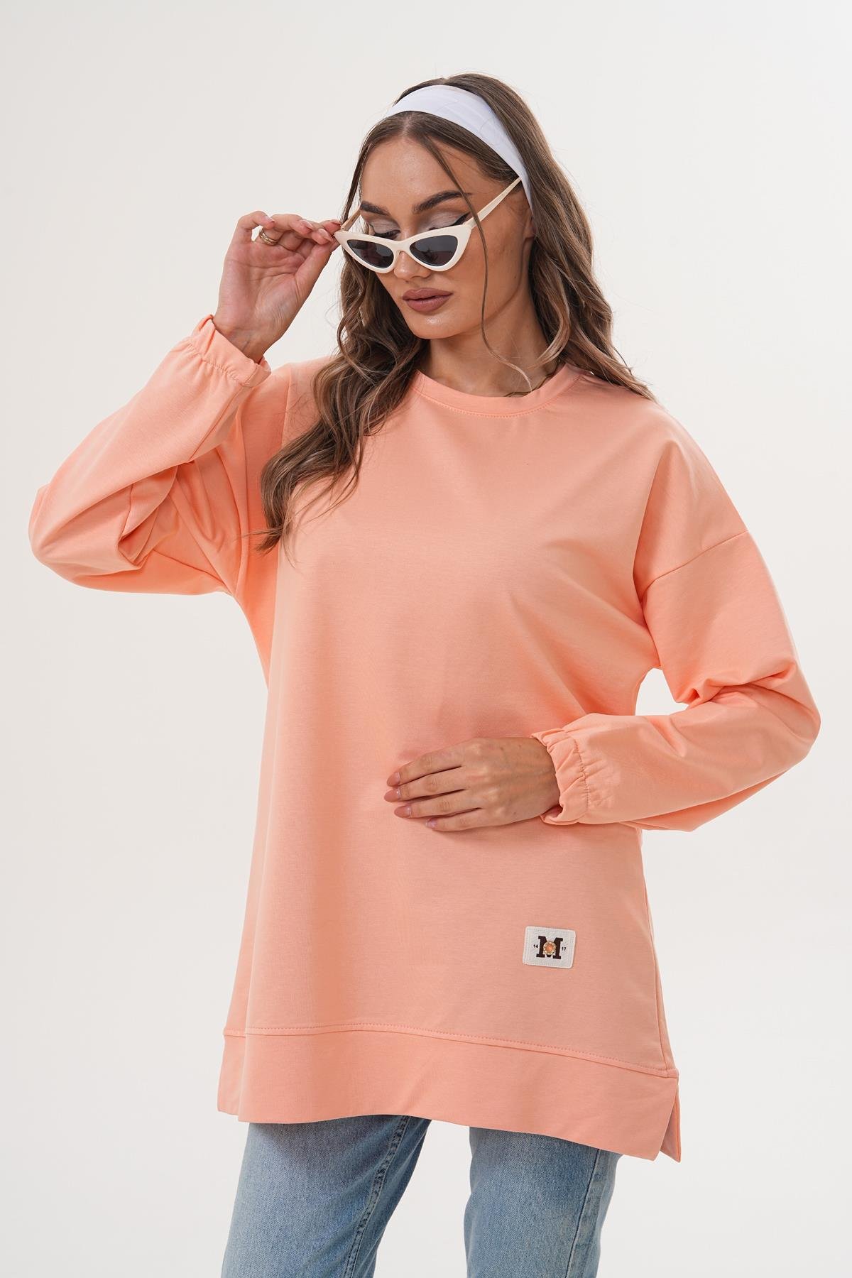 710 - Pudra Düz Basic Bisiklet Yaka Uzun Kol Kadın Sweatshirt Tunik 710 -westbound