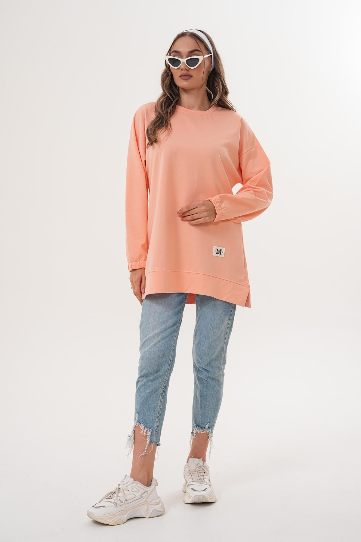 710 - Pudra Düz Basic Bisiklet Yaka Uzun Kol Kadın Sweatshirt Tunik 710 -westbound