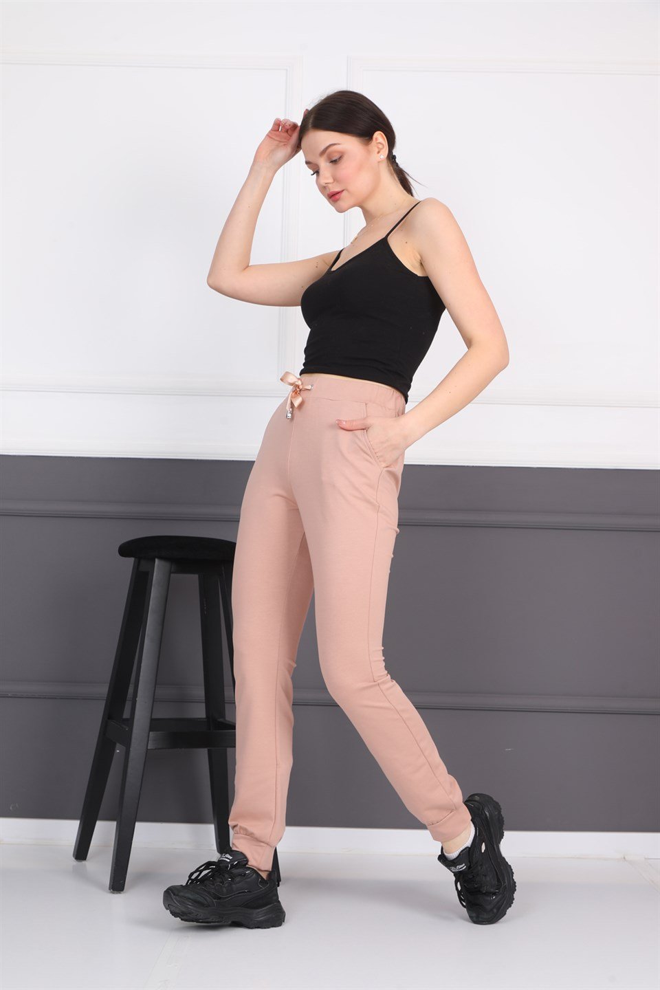 5173909325014 - Pudra Kadın Eşofman Altı Cepli Ribanalı Bağcıklı Jogger Pantolon -westbound