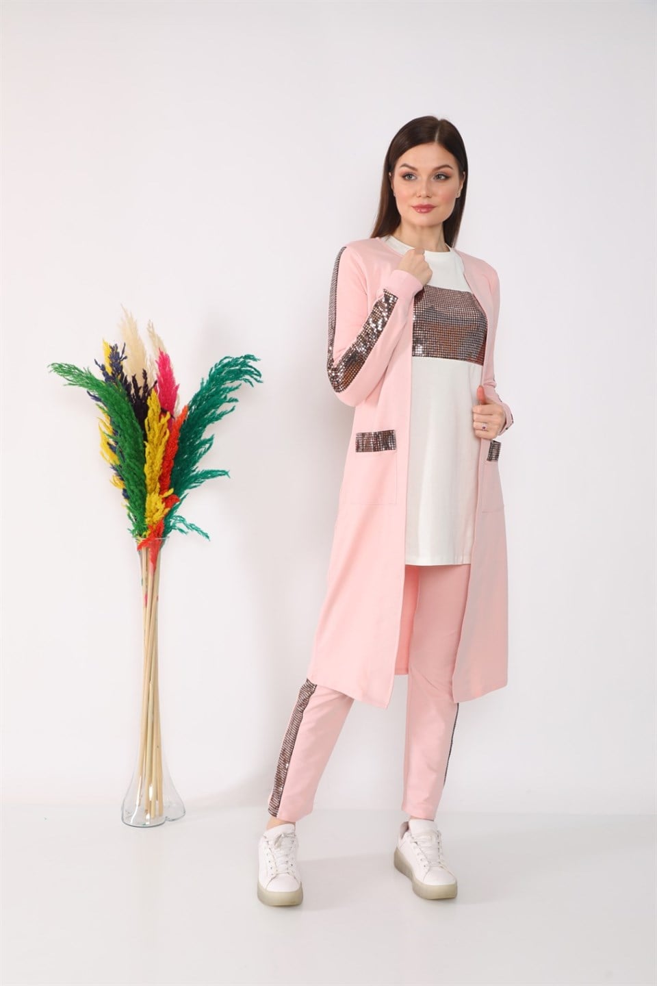6521978 - Pudra Kadın Pul Payet Detaylı Üçlü Eşofman Takımı -westbound
