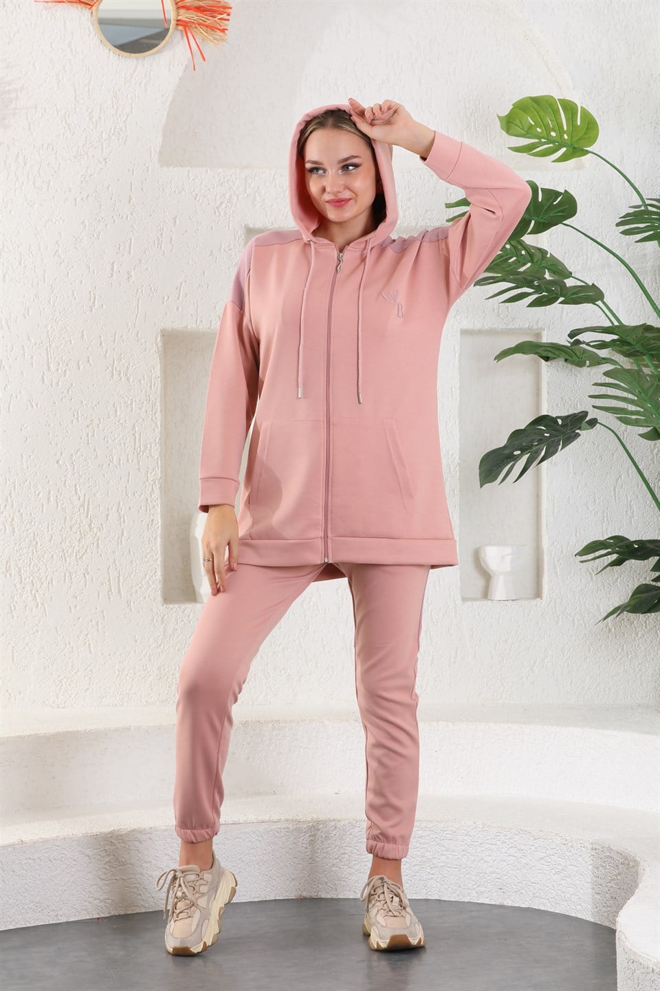 614-wb-pudra-xxl - Pudra Lila Kadın Sweatshirt Jogger Takımı  Kapşonlu Fermuarlı Cepli -westbound
