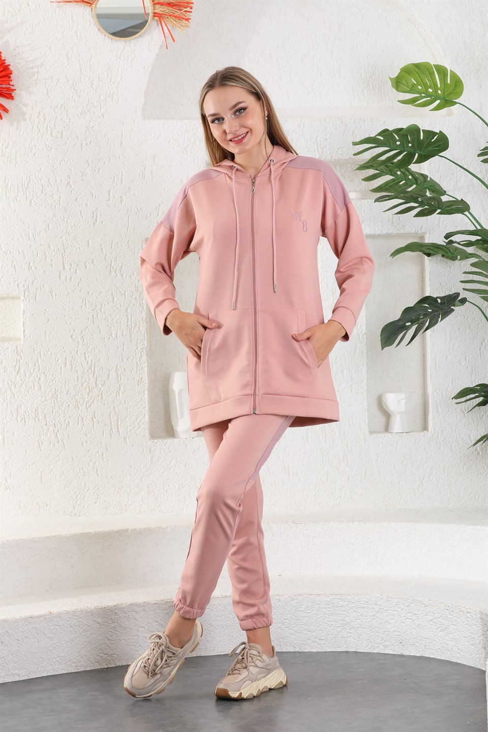 614-wb-pudra-xxl - Pudra Lila Kadın Sweatshirt Jogger Takımı  Kapşonlu Fermuarlı Cepli -westbound