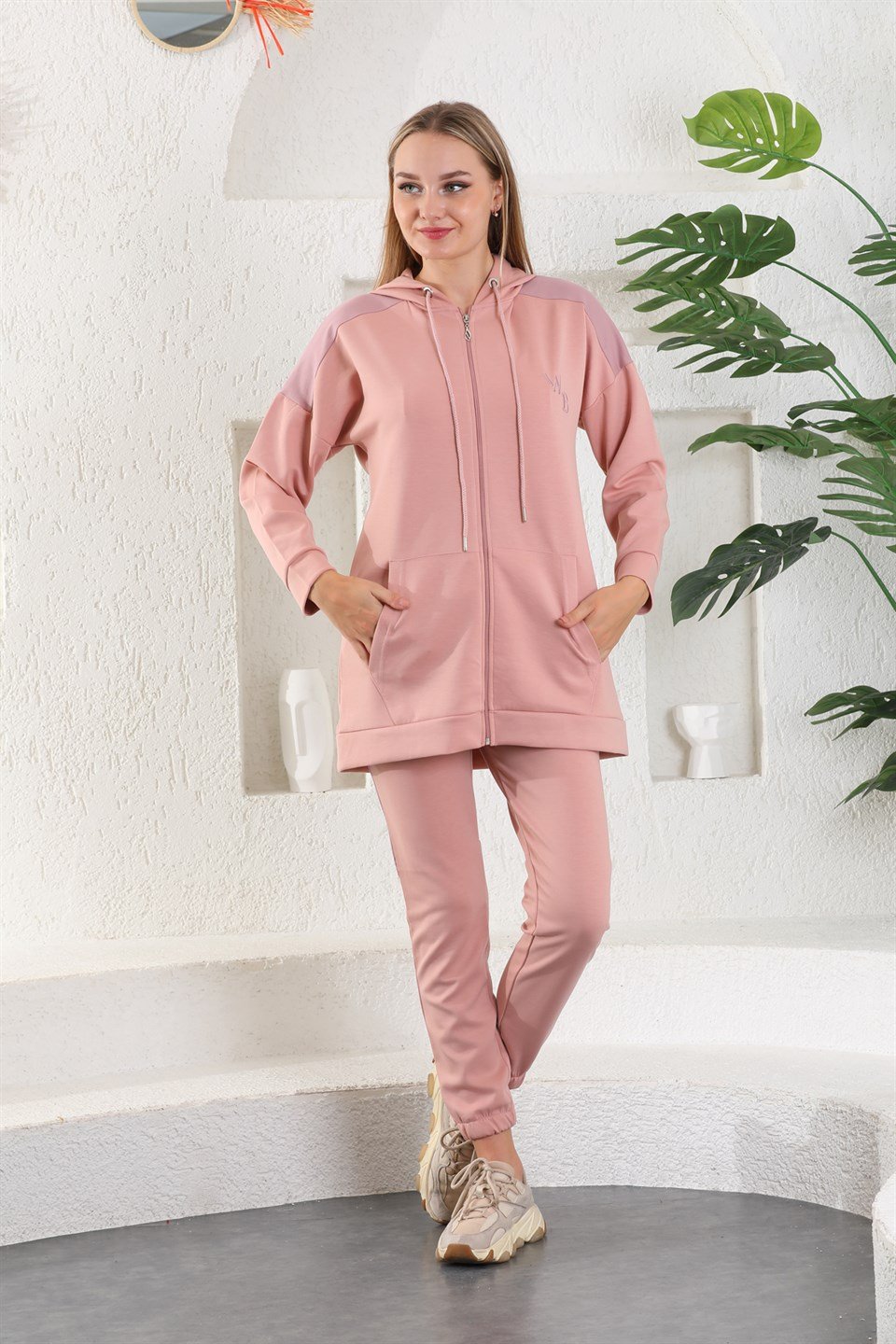 614-wb-pudra-xxl - Pudra Lila Kadın Sweatshirt Jogger Takımı  Kapşonlu Fermuarlı Cepli -westbound