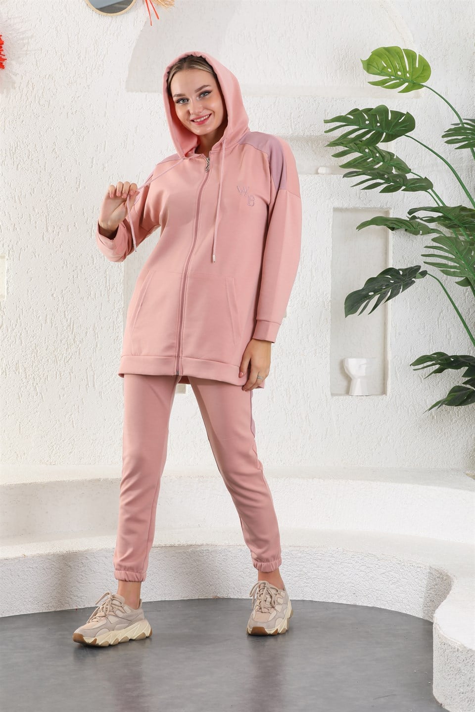 614-wb-pudra-xxl - Pudra Lila Kadın Sweatshirt Jogger Takımı  Kapşonlu Fermuarlı Cepli -westbound