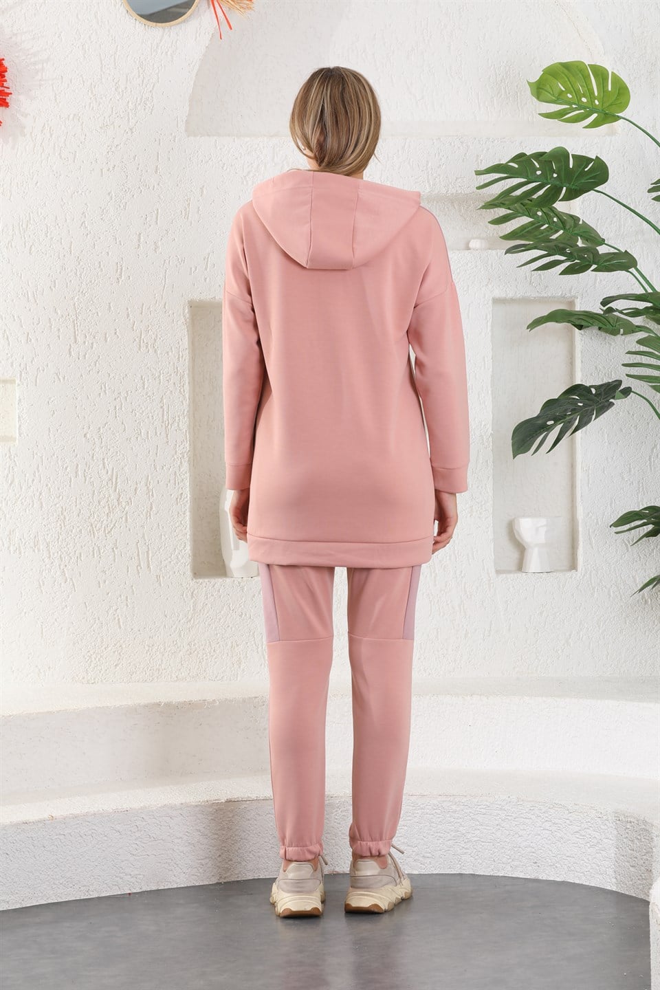 614-wb-pudra-xxl - Pudra Lila Kadın Sweatshirt Jogger Takımı  Kapşonlu Fermuarlı Cepli -westbound