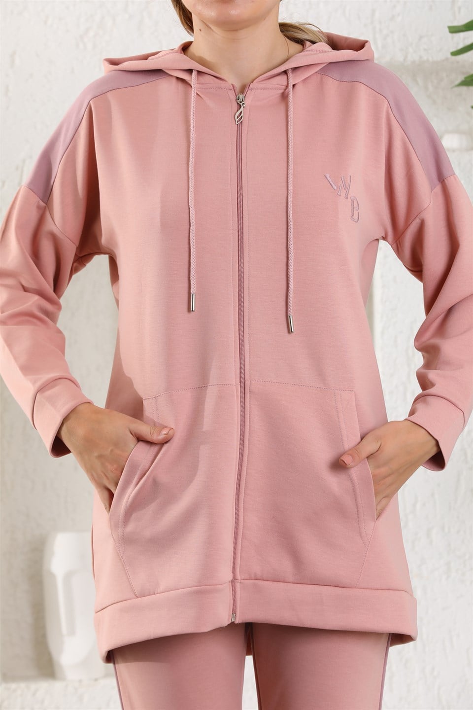 614-wb-pudra-xxl - Pudra Lila Kadın Sweatshirt Jogger Takımı  Kapşonlu Fermuarlı Cepli -westbound
