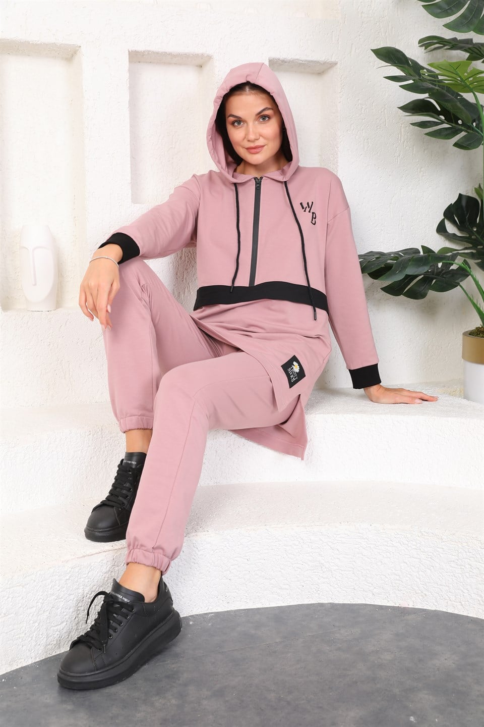 610--3-m - Pudra Renk Kadın Kapüşonlu Sweatshirt - Jogger  Spor Takım Eşofman -westbound