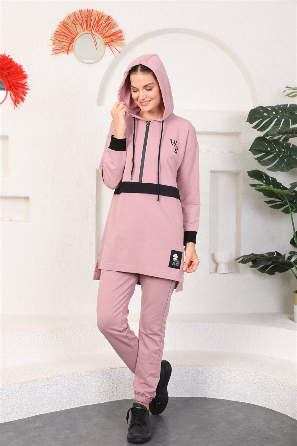 610--3-m - Pudra Renk Kadın Kapüşonlu Sweatshirt - Jogger  Spor Takım Eşofman -westbound