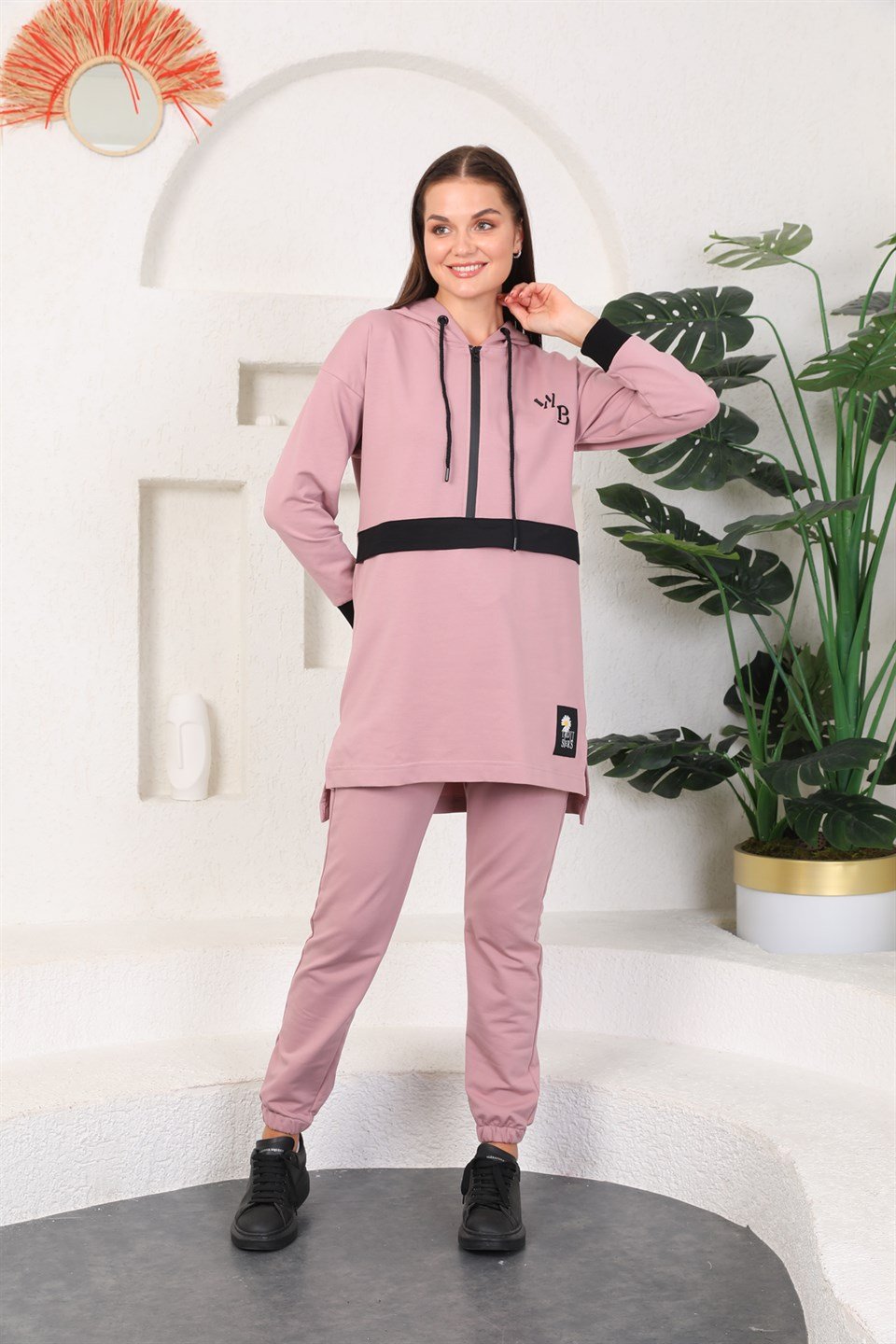 610--3-m - Pudra Renk Kadın Kapüşonlu Sweatshirt - Jogger  Spor Takım Eşofman -westbound