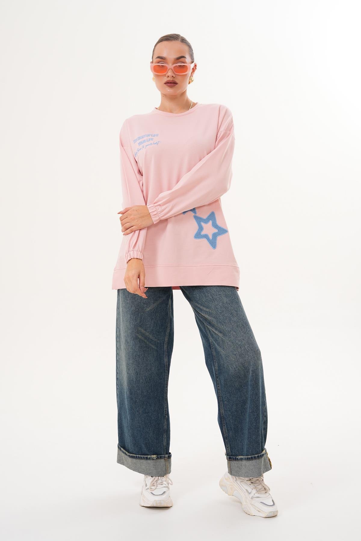 711 - Pudra Yıldız Desenli Bisiklet Yaka Kadın Sweatshirt Tunik 711 -westbound