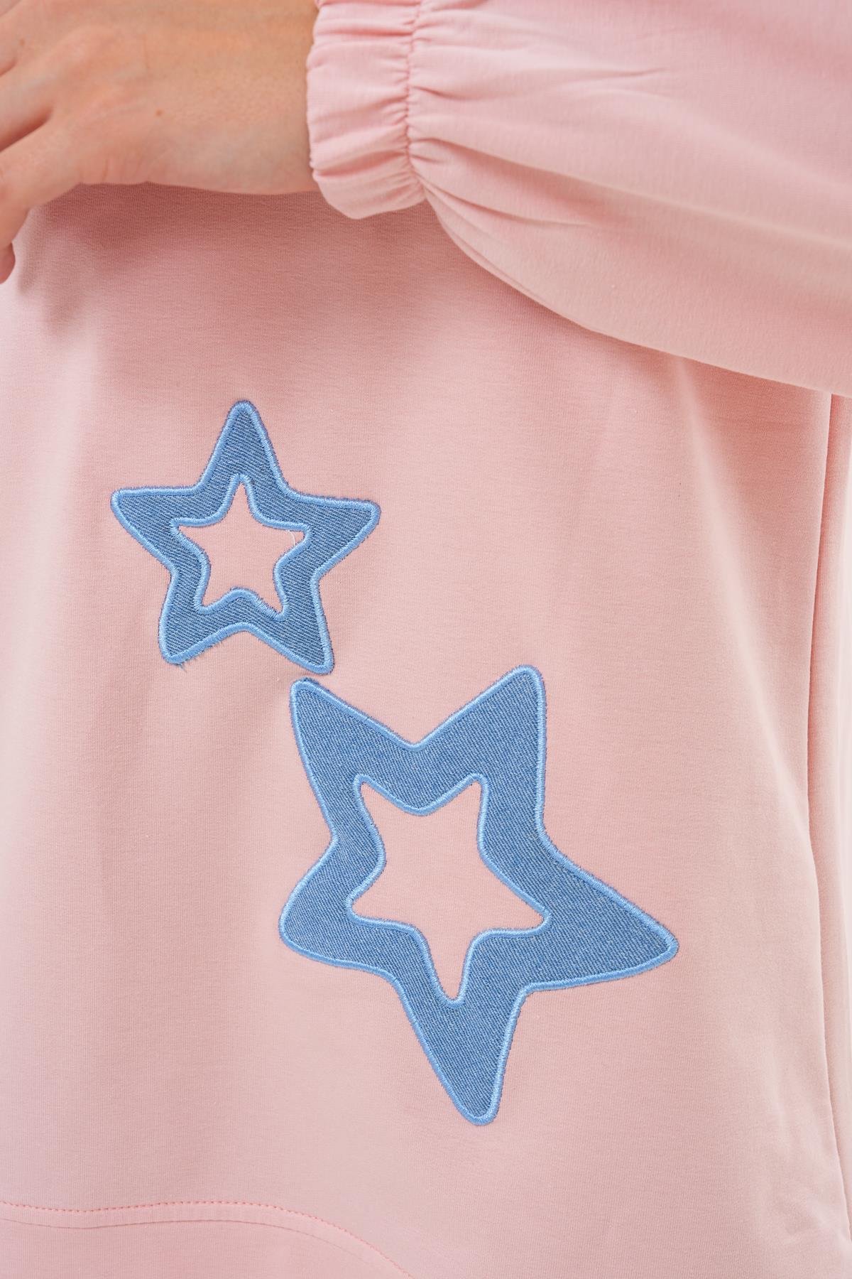 711 - Pudra Yıldız Desenli Bisiklet Yaka Kadın Sweatshirt Tunik 711 -westbound