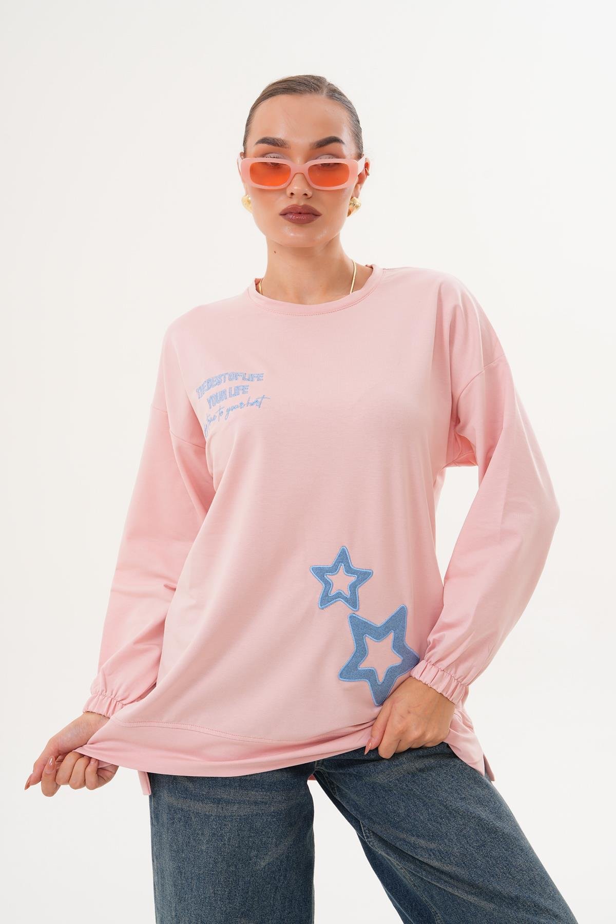 711 - Pudra Yıldız Desenli Bisiklet Yaka Kadın Sweatshirt Tunik 711 -westbound