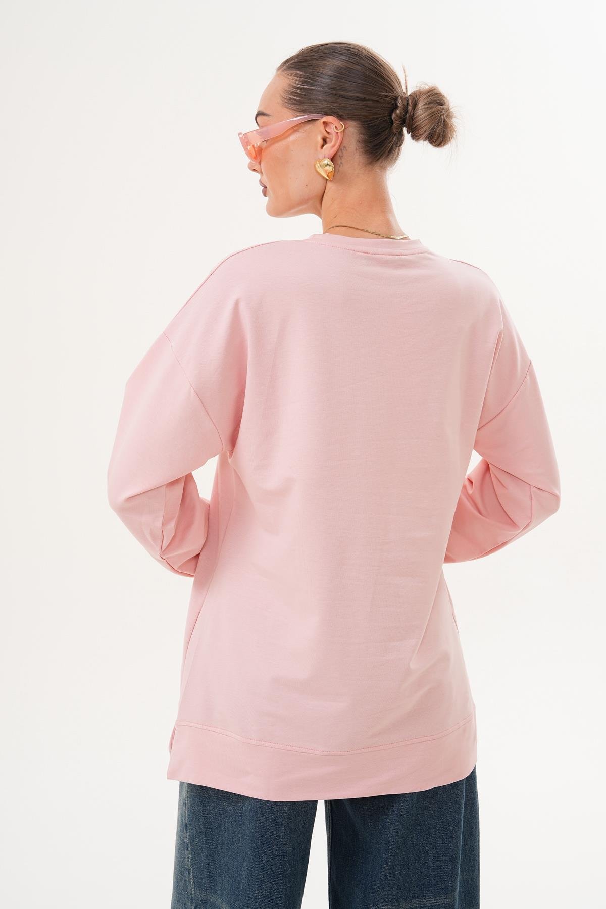 711 - Pudra Yıldız Desenli Bisiklet Yaka Kadın Sweatshirt Tunik 711 -westbound
