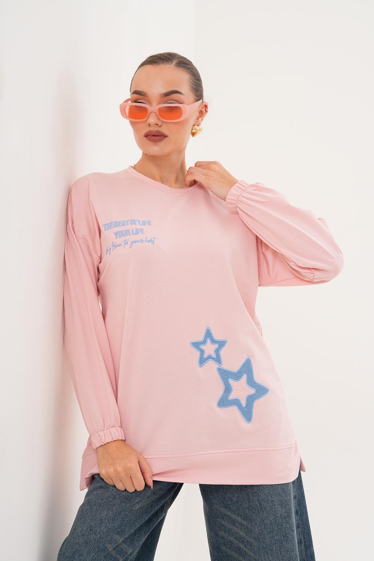 711 - Pudra Yıldız Desenli Bisiklet Yaka Kadın Sweatshirt Tunik 711 -westbound
