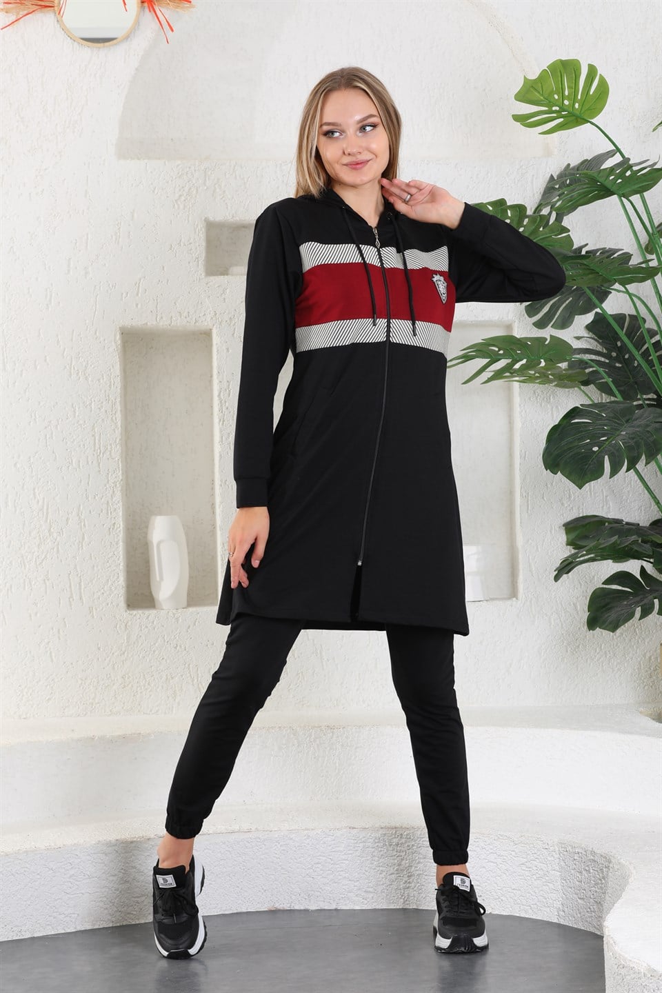 609-4-xl - Siyah Bordo Armalı Kapüşonlu Fermuarlı Spor Trenç Kap Jogger Takım -westbound