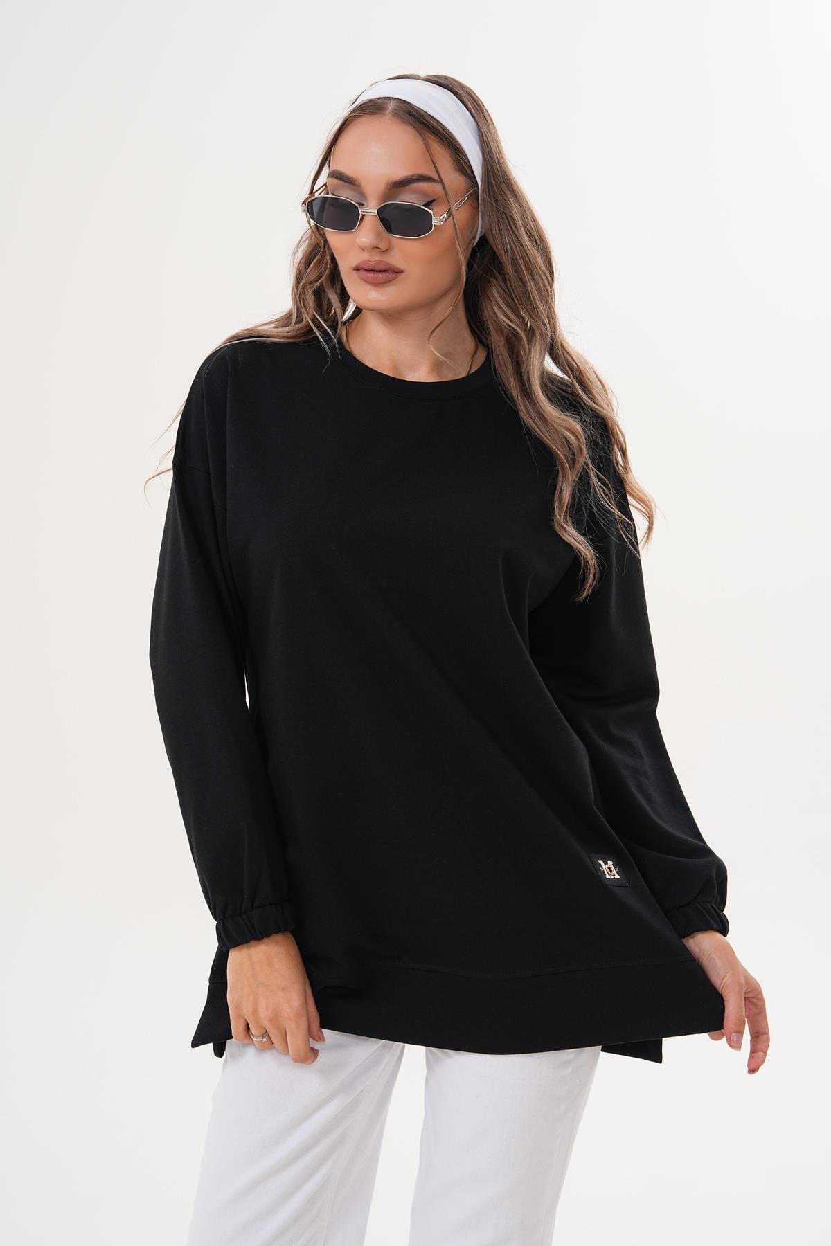 710 - Siyah Düz Basic Bisiklet Yaka Uzun Kol Kadın Sweatshirt Tunik 710 -westbound