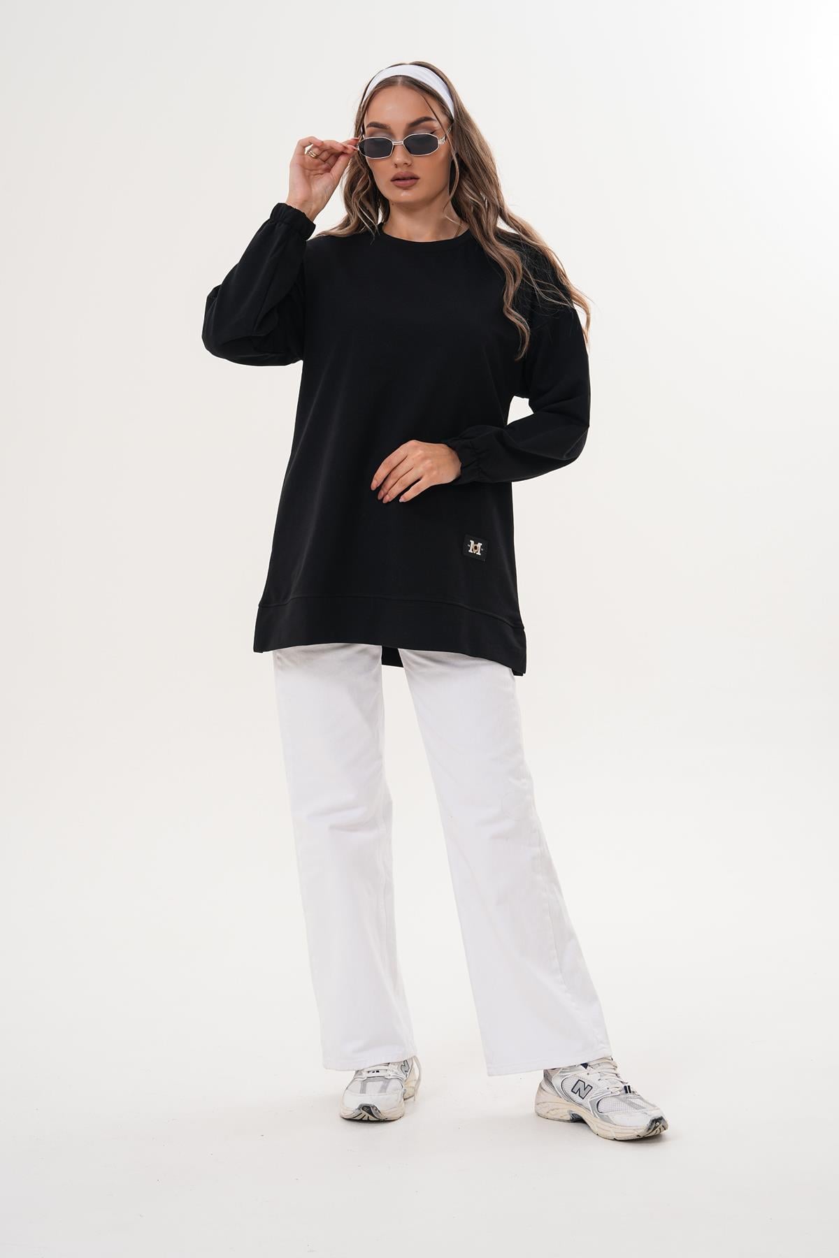 710 - Siyah Düz Basic Bisiklet Yaka Uzun Kol Kadın Sweatshirt Tunik 710 -westbound
