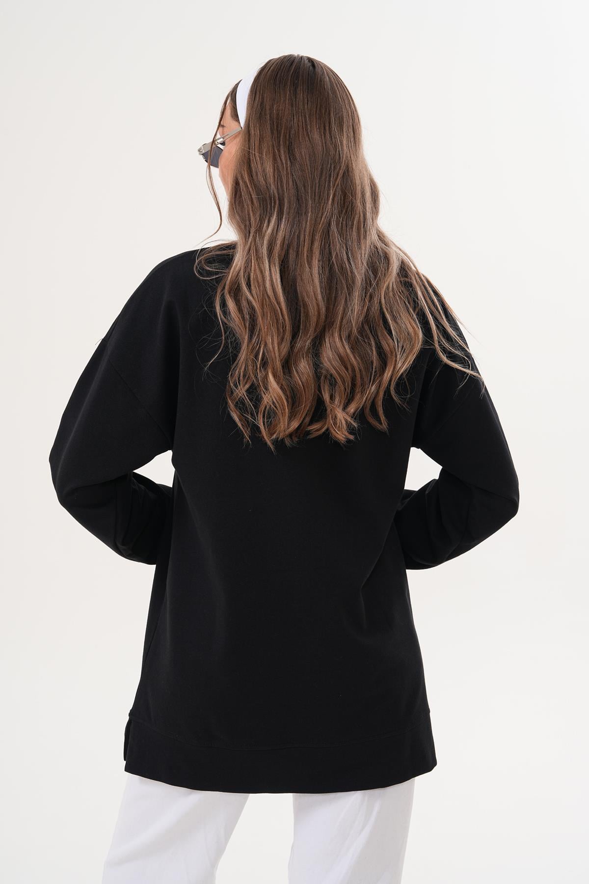 710 - Siyah Düz Basic Bisiklet Yaka Uzun Kol Kadın Sweatshirt Tunik 710 -westbound