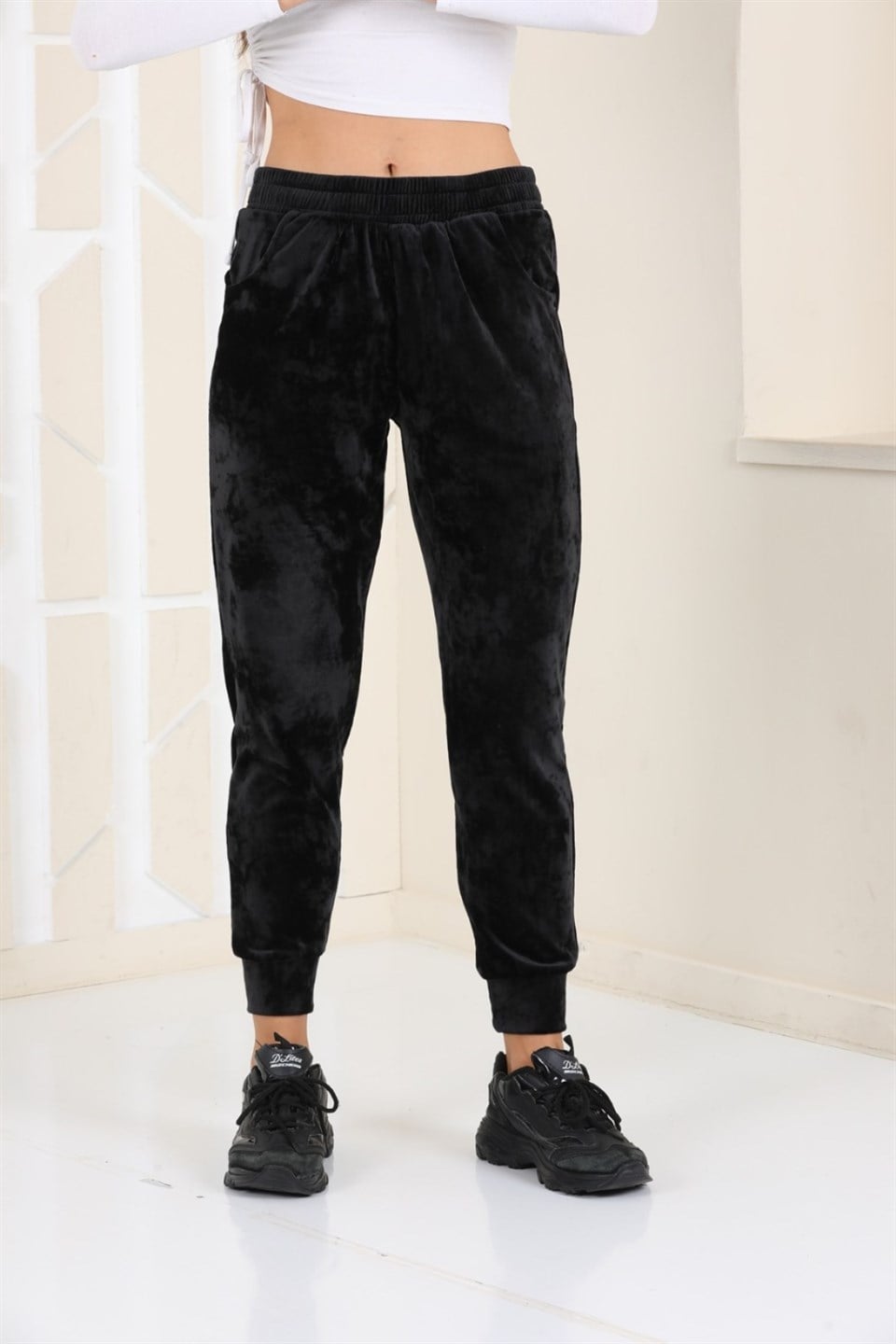 177-5-S - Siyah Renk Kadife Eşofman Altı - Pijama - Jogger Model -westbound