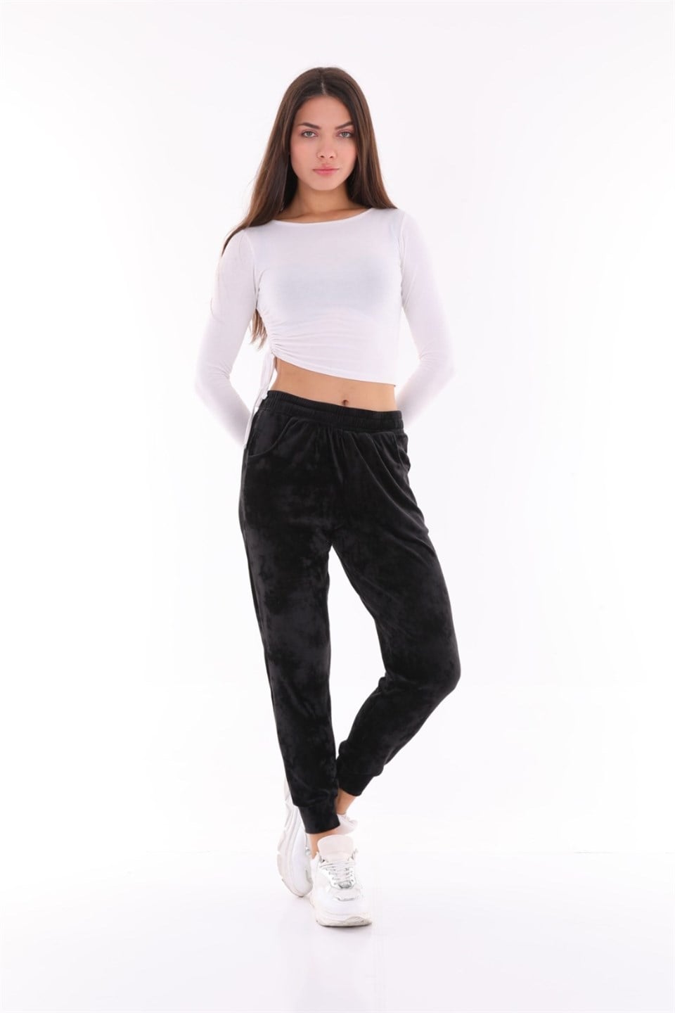 177-5-S - Siyah Renk Kadife Eşofman Altı - Pijama - Jogger Model -westbound