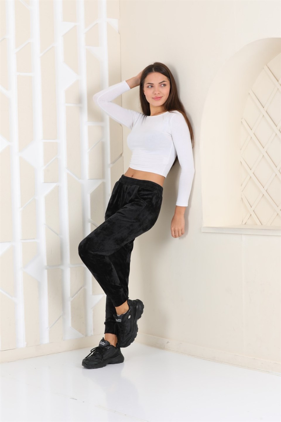 177-5-S - Siyah Renk Kadife Eşofman Altı - Pijama - Jogger Model -westbound