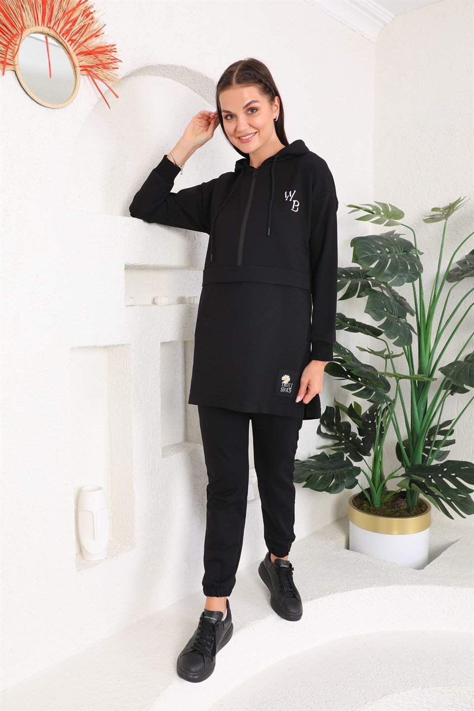 610--4-l - Siyah Renk Kadın Kapüşonlu Sweatshirt - Jogger  Spor Takım Eşofman -westbound