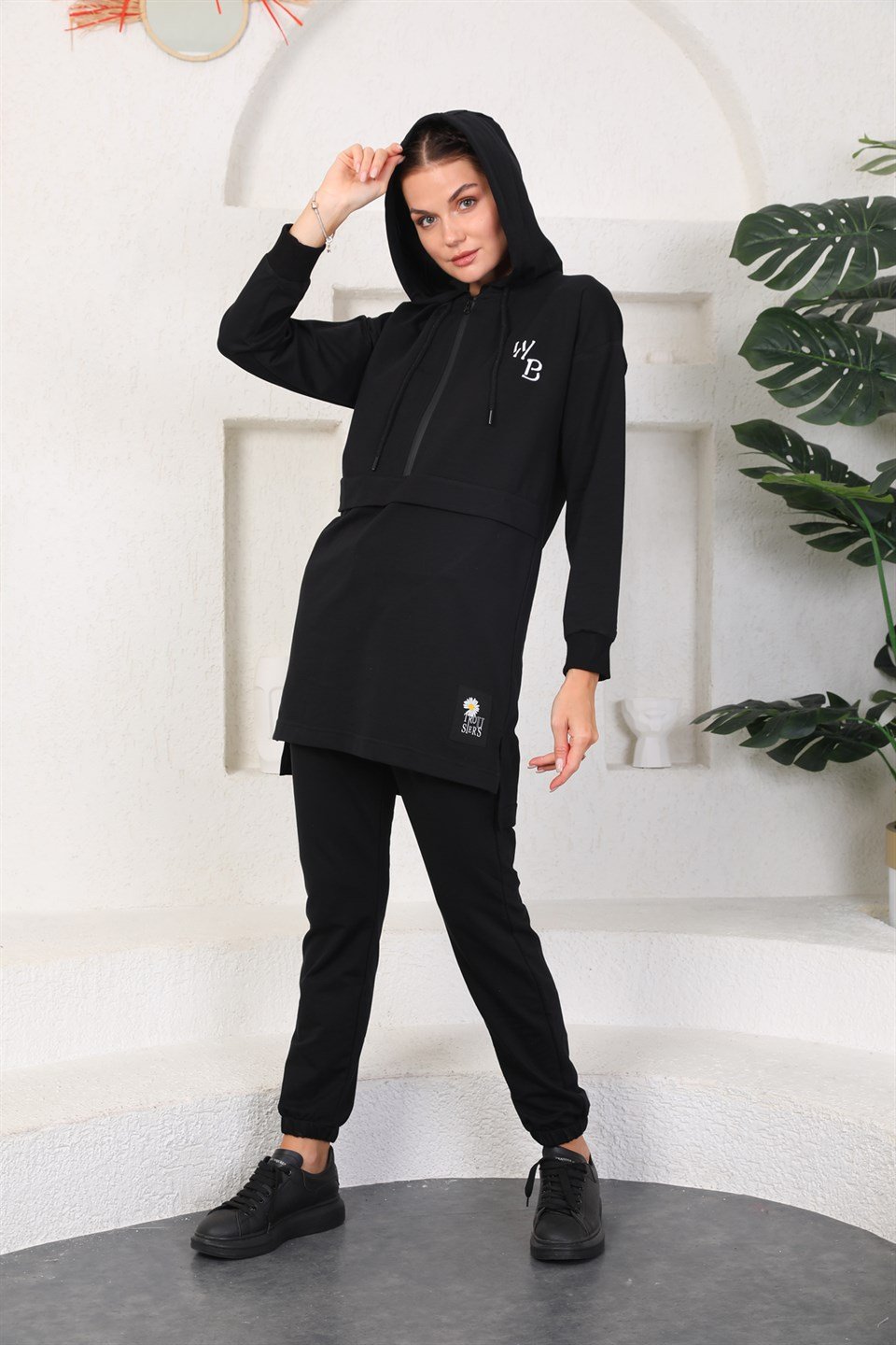 610--4-l - Siyah Renk Kadın Kapüşonlu Sweatshirt - Jogger  Spor Takım Eşofman -westbound