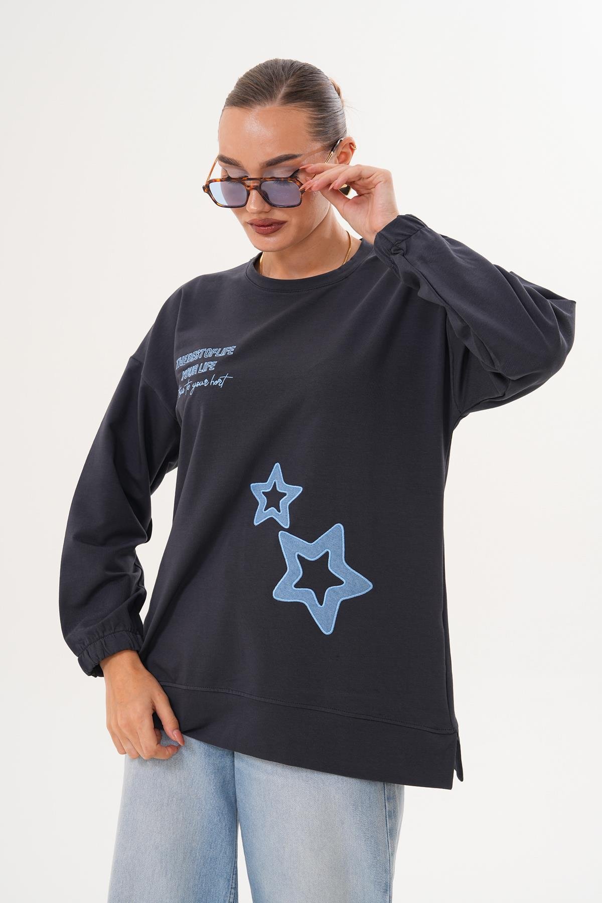 711 - Siyah Yıldız Desenli Bisiklet Yaka Kadın Sweatshirt Tunik 711 -westbound