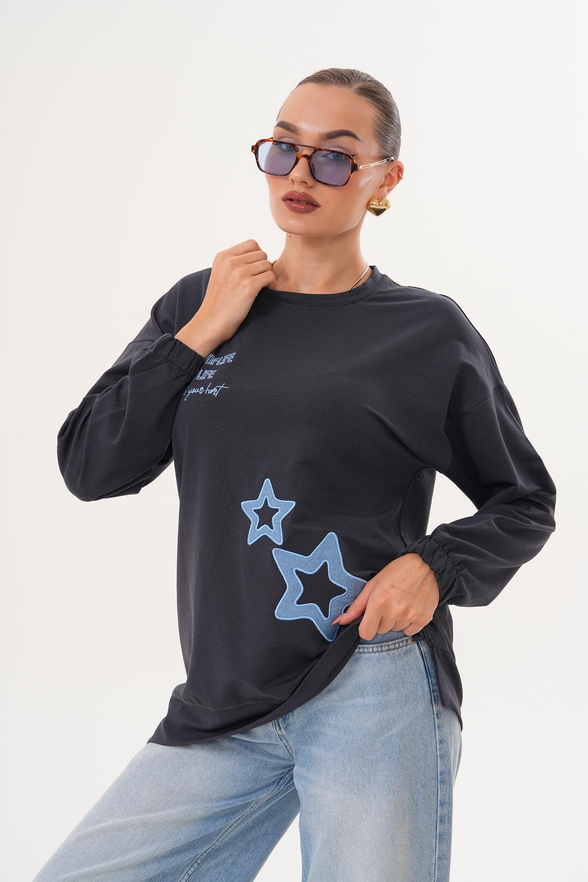 711 - Siyah Yıldız Desenli Bisiklet Yaka Kadın Sweatshirt Tunik 711 -westbound