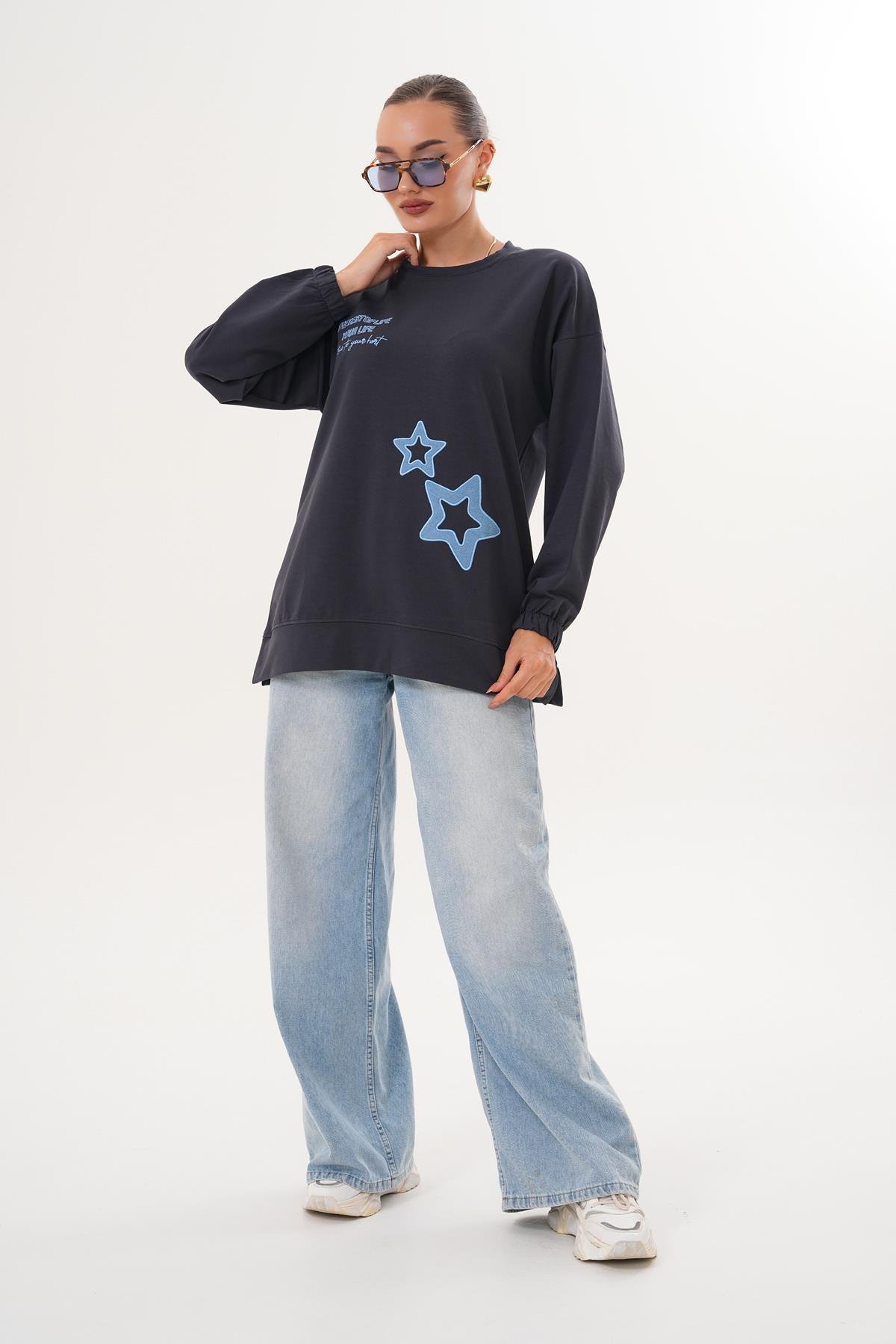 711 - Siyah Yıldız Desenli Bisiklet Yaka Kadın Sweatshirt Tunik 711 -westbound