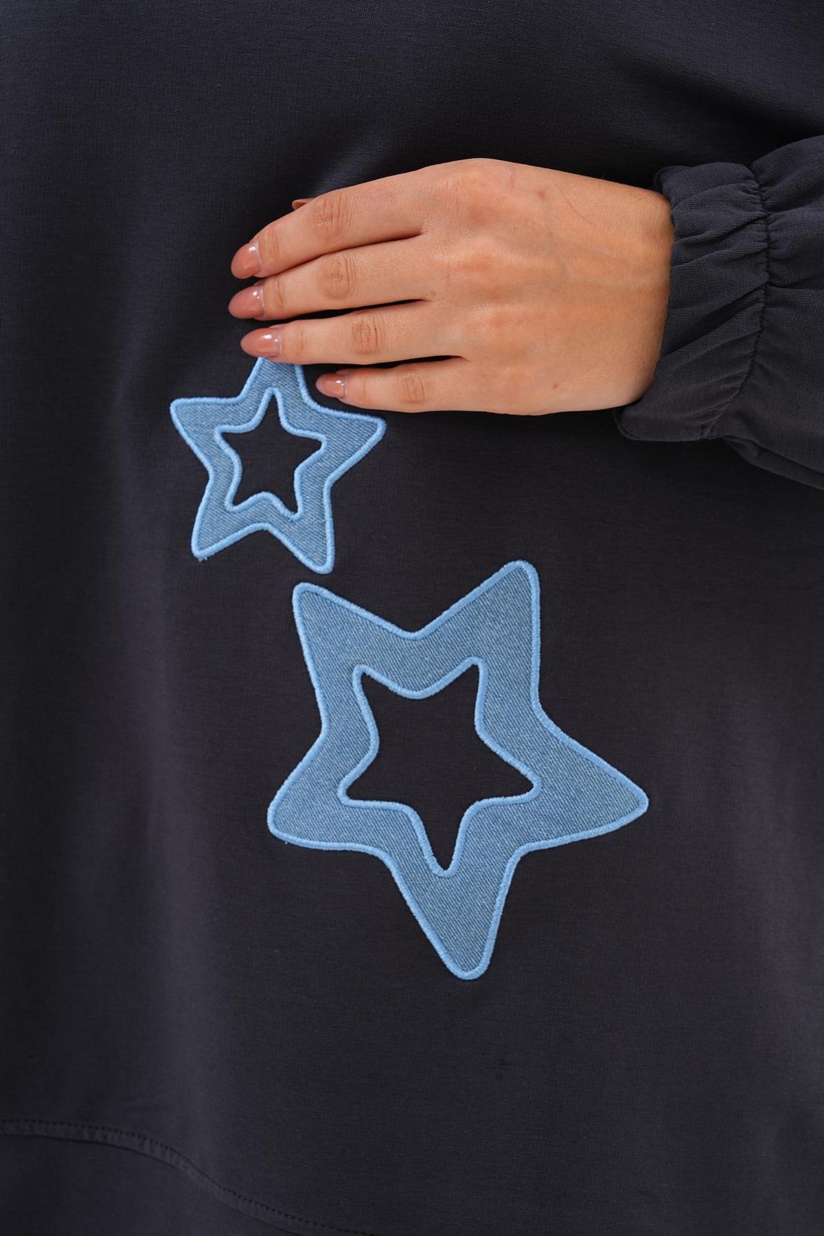 711 - Siyah Yıldız Desenli Bisiklet Yaka Kadın Sweatshirt Tunik 711 -westbound