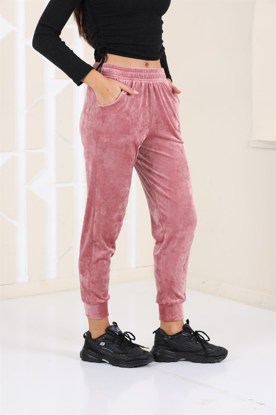 177-4-L - Somon Renk Kadife Eşofman Altı - Pijama - Jogger Model -westbound