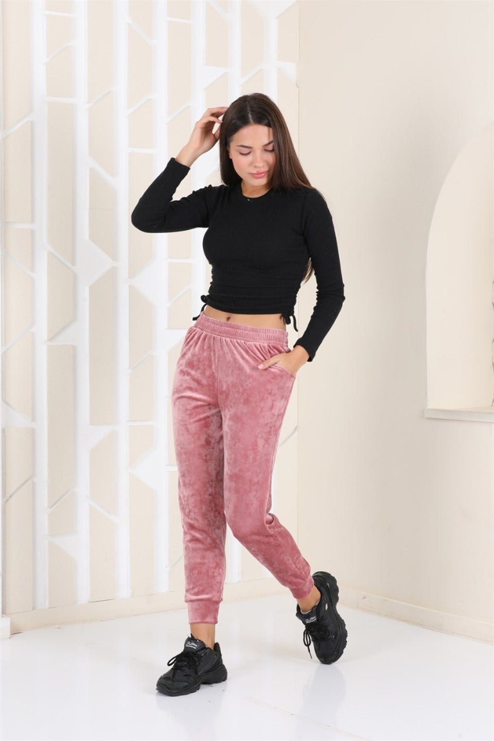 177-4-L - Somon Renk Kadife Eşofman Altı - Pijama - Jogger Model -westbound