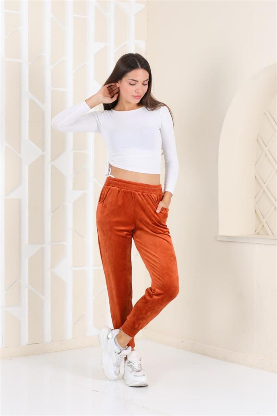 177-6-S - Taba Renk Kadife Eşofman Altı - Pijama - Jogger Model  -westbound