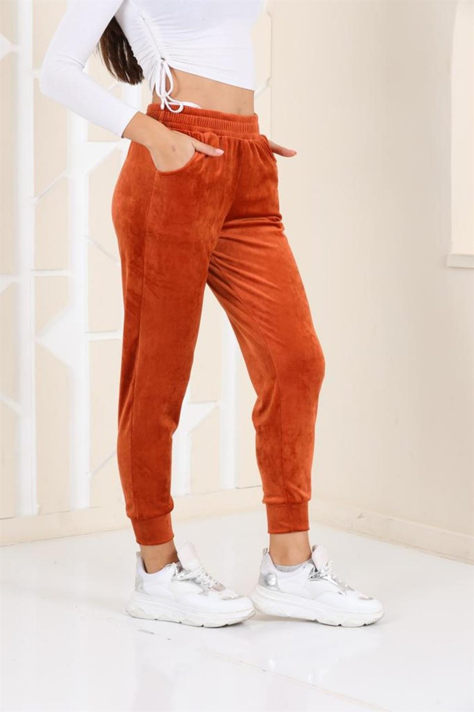 177-6-S - Taba Renk Kadife Eşofman Altı - Pijama - Jogger Model  -westbound