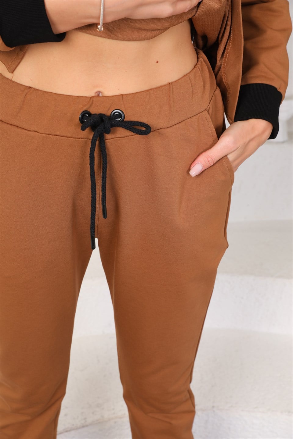 610-6-m - Taba Renk Kadın Kapüşonlu Sweatshirt - Jogger  Spor Takım Eşofman  -westbound