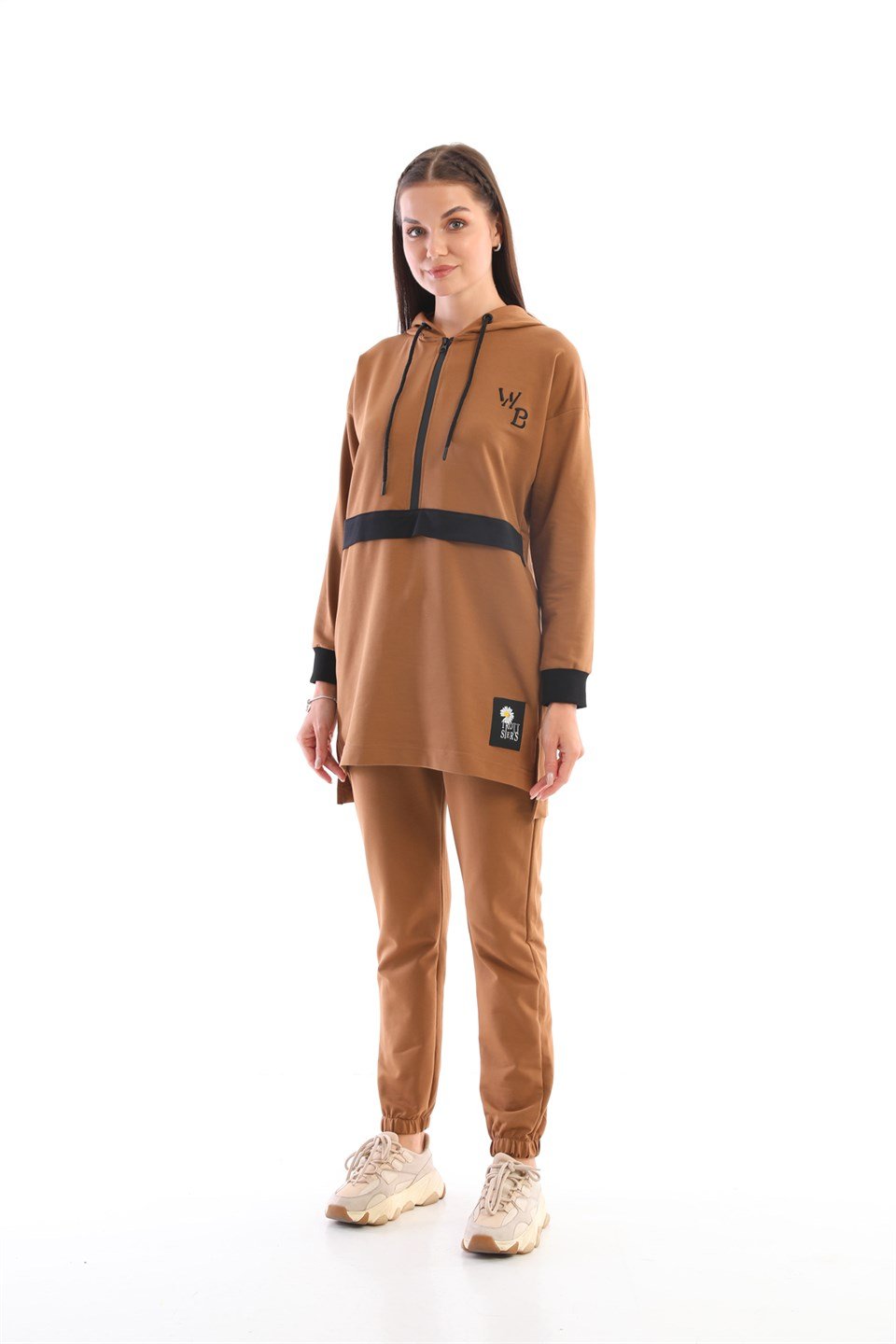 610-6-m - Taba Renk Kadın Kapüşonlu Sweatshirt - Jogger  Spor Takım Eşofman  -westbound
