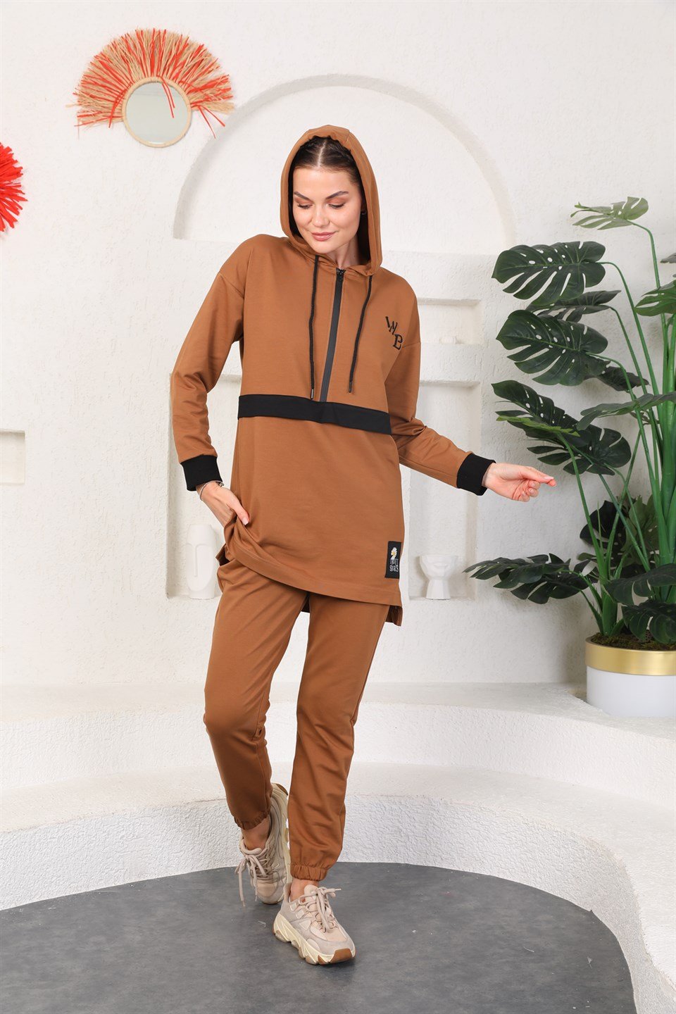 610-6-m - Taba Renk Kadın Kapüşonlu Sweatshirt - Jogger  Spor Takım Eşofman  -westbound