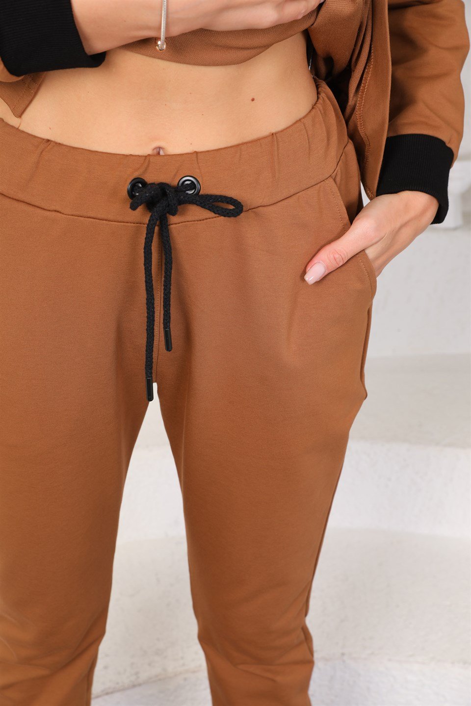 610-6-m - Taba Renk Kadın Kapüşonlu Sweatshirt - Jogger  Spor Takım Eşofman  -westbound