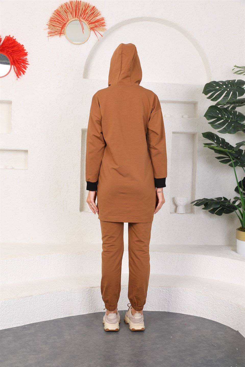 610-6-m - Taba Renk Kadın Kapüşonlu Sweatshirt - Jogger  Spor Takım Eşofman  -westbound