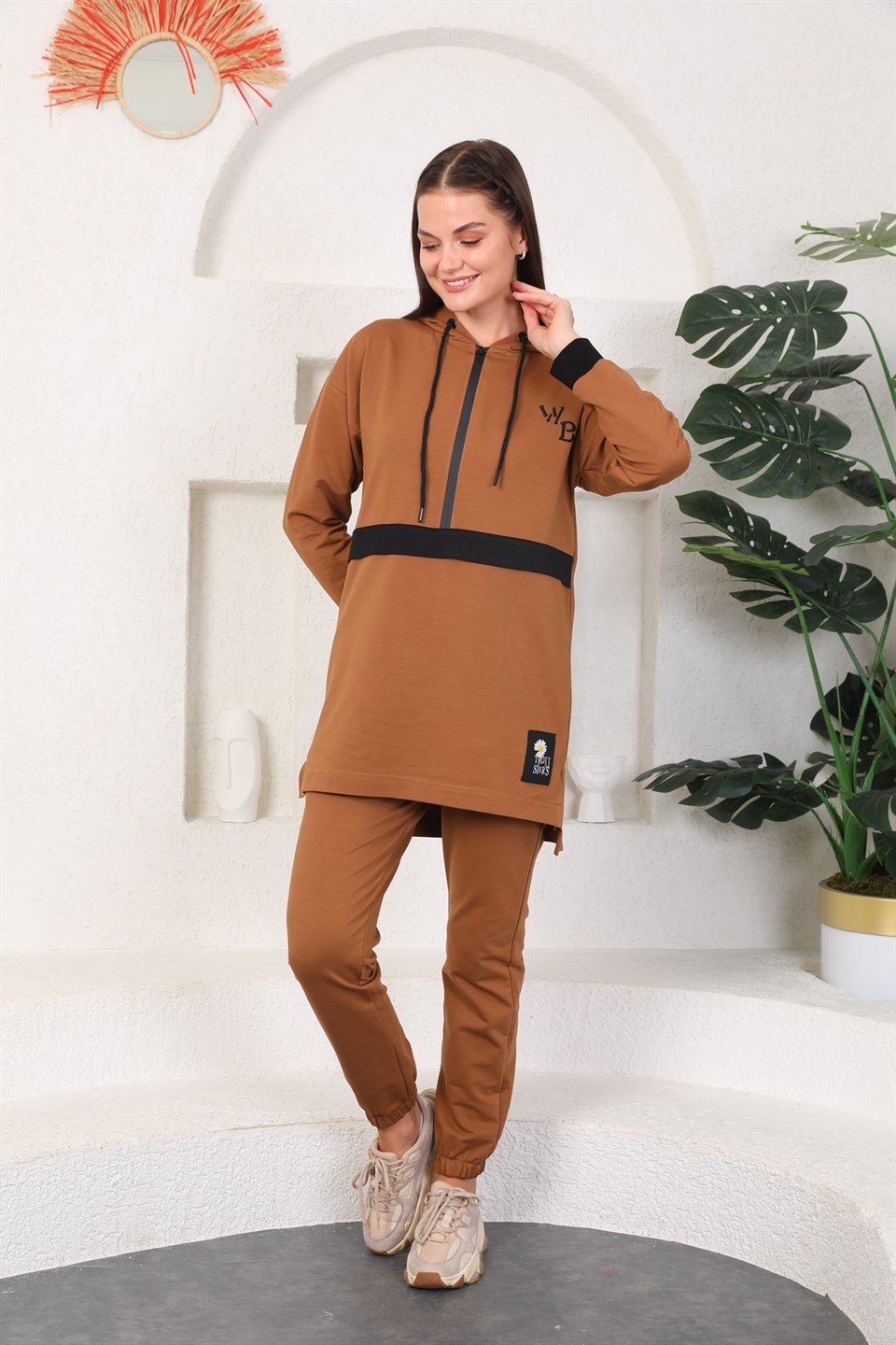 610-6-m - Taba Renk Kadın Kapüşonlu Sweatshirt - Jogger  Spor Takım Eşofman  -westbound