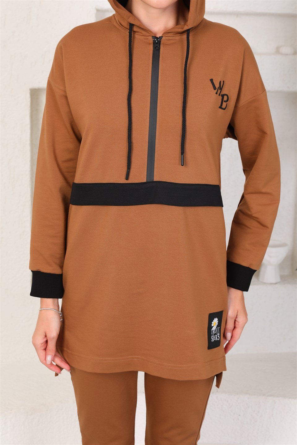 610-6-m - Taba Renk Kadın Kapüşonlu Sweatshirt - Jogger  Spor Takım Eşofman  -westbound