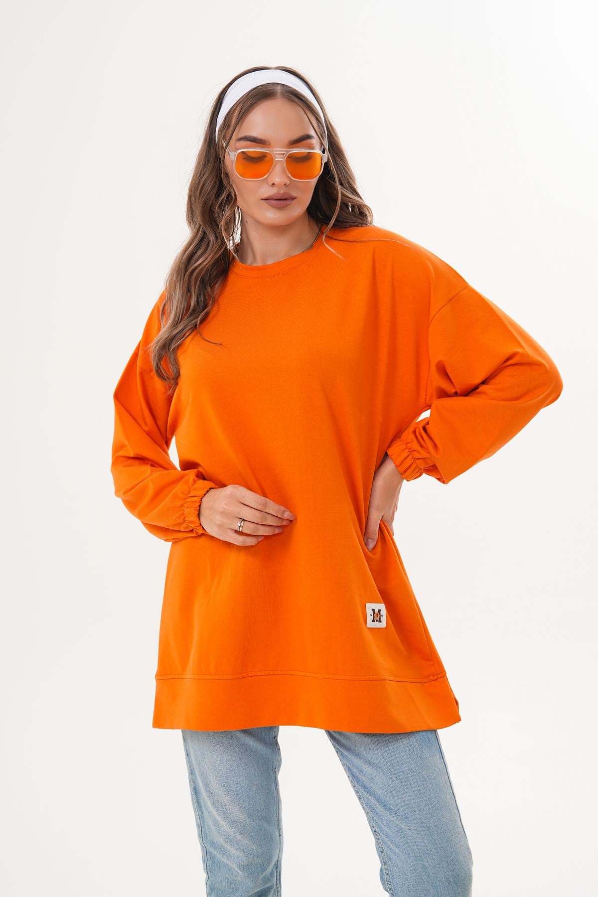 710 - Turuncu Düz Basic Bisiklet Yaka Uzun Kol Kadın Sweatshirt Tunik 710 -westbound