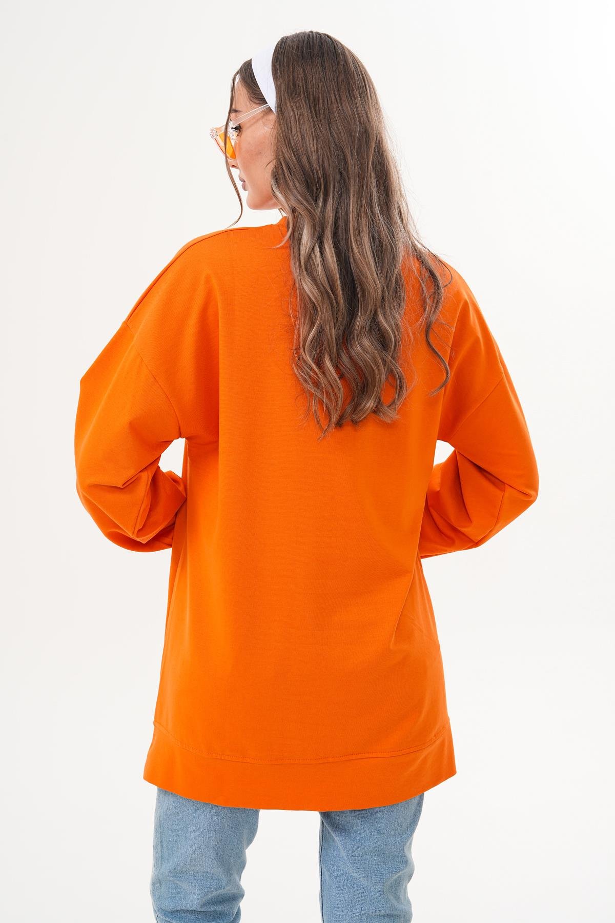 710 - Turuncu Düz Basic Bisiklet Yaka Uzun Kol Kadın Sweatshirt Tunik 710 -westbound