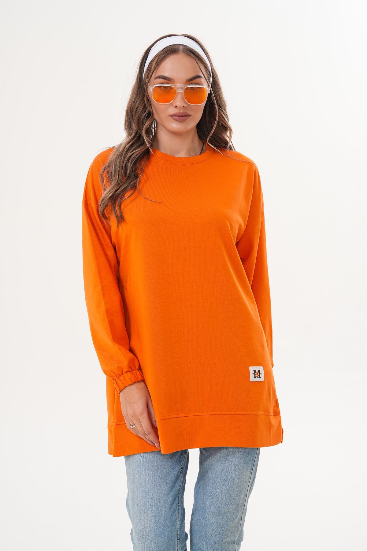 710 - Turuncu Düz Basic Bisiklet Yaka Uzun Kol Kadın Sweatshirt Tunik 710 -westbound